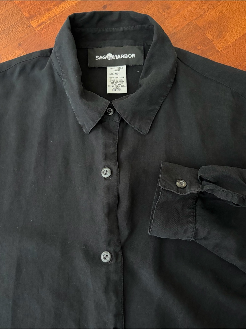 Sag Harbor Black Vintage 100% Silk Long Sleeve Roll Cuff Button Up Shirt 10‎